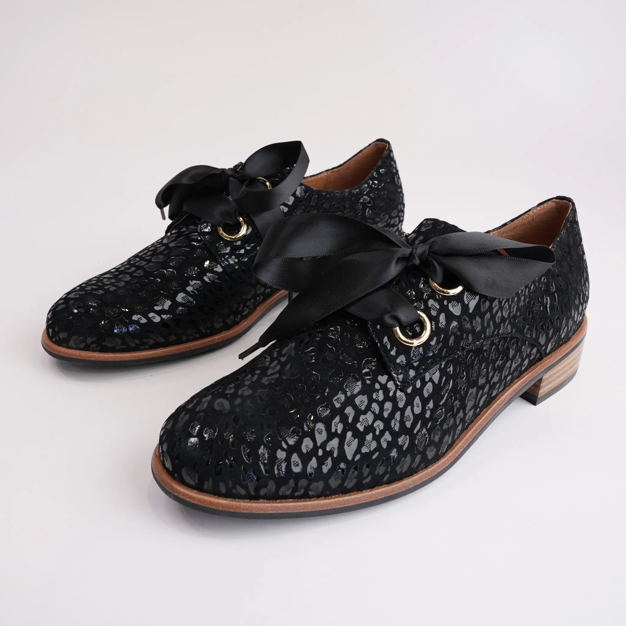 Admin Black Leopard Leather Lace-up Flats