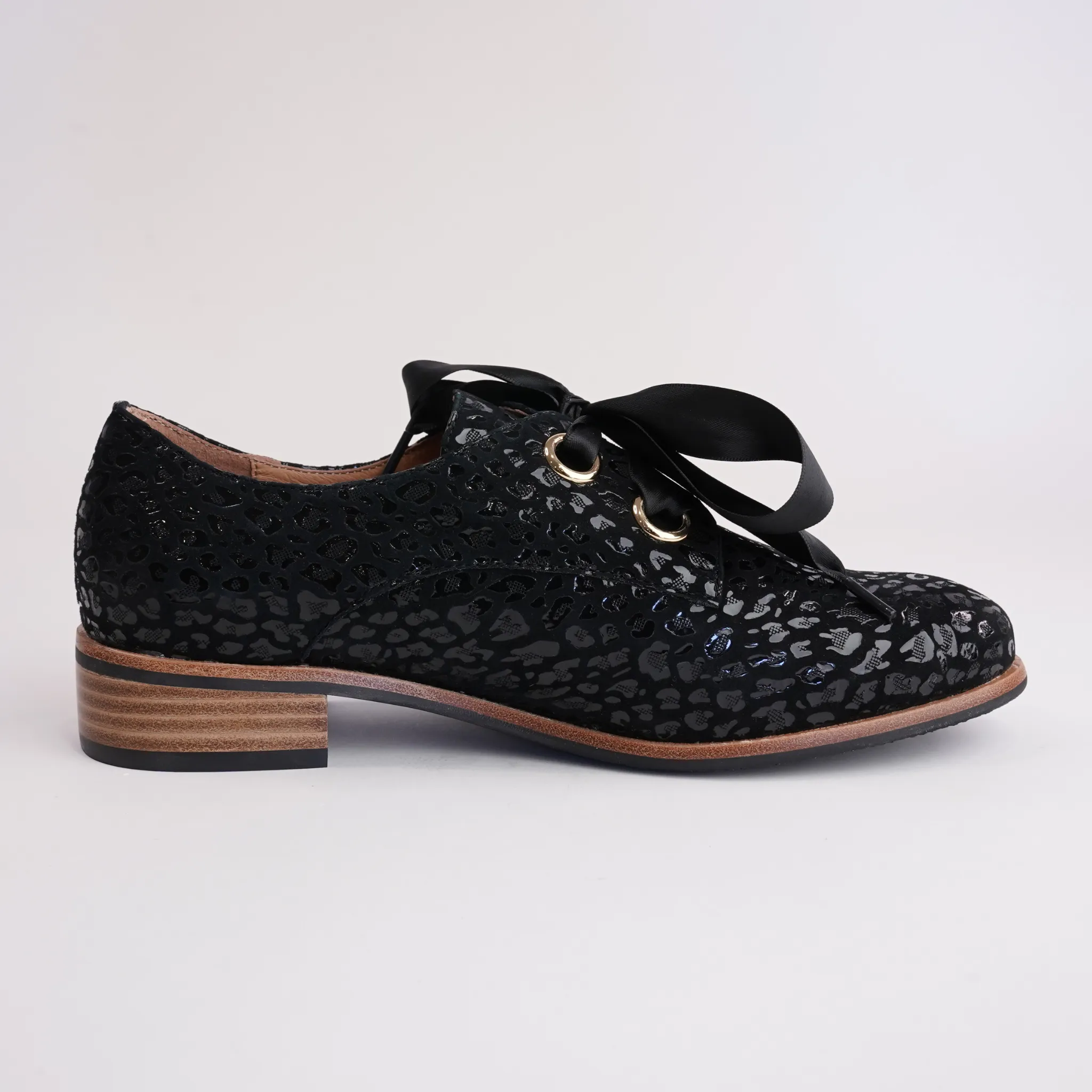 Admin Black Leopard Leather Lace-up Flats