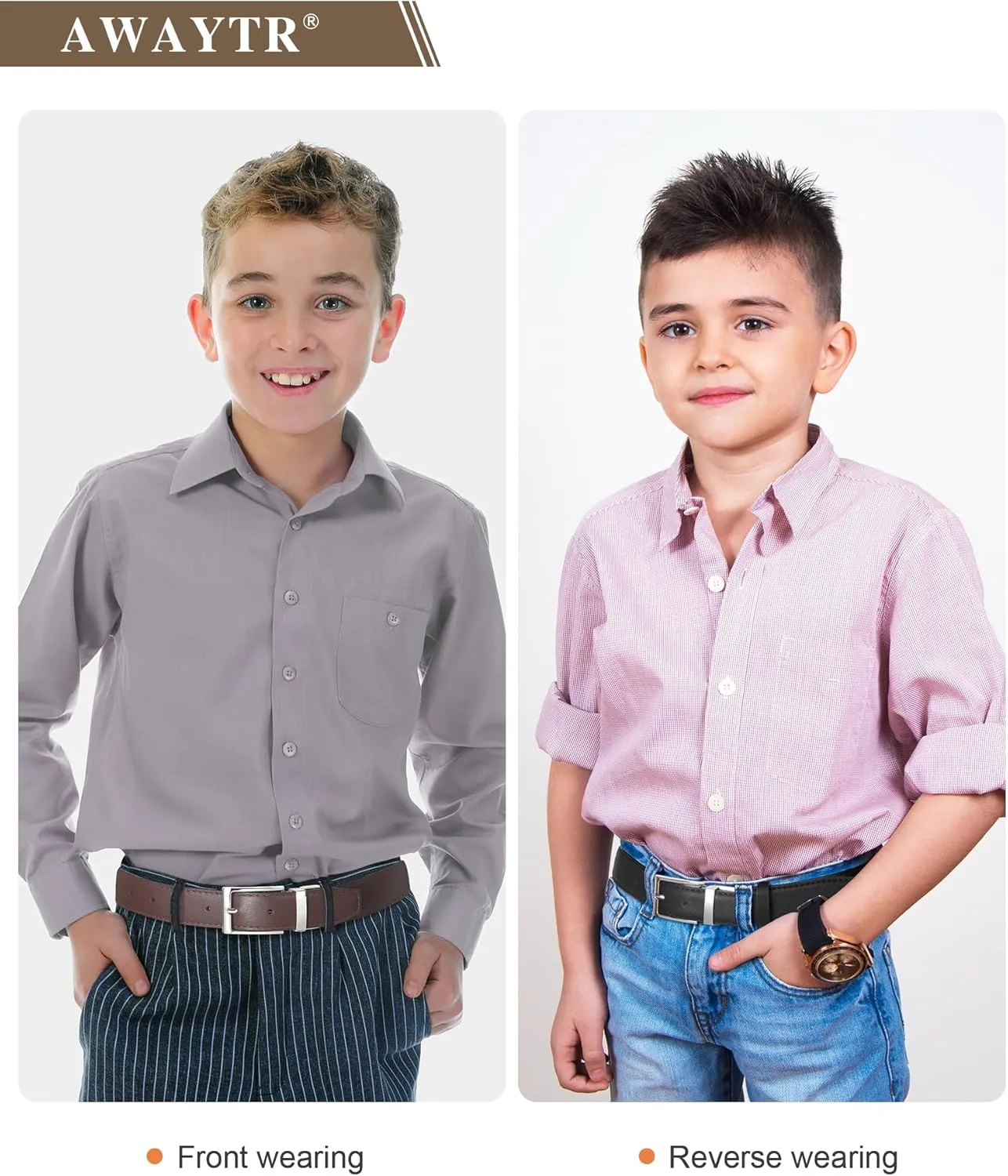 AWAYTR Reversible Kids Belts for Boys - Black and Brown Leather Belt for School Uniform Casual Jeans