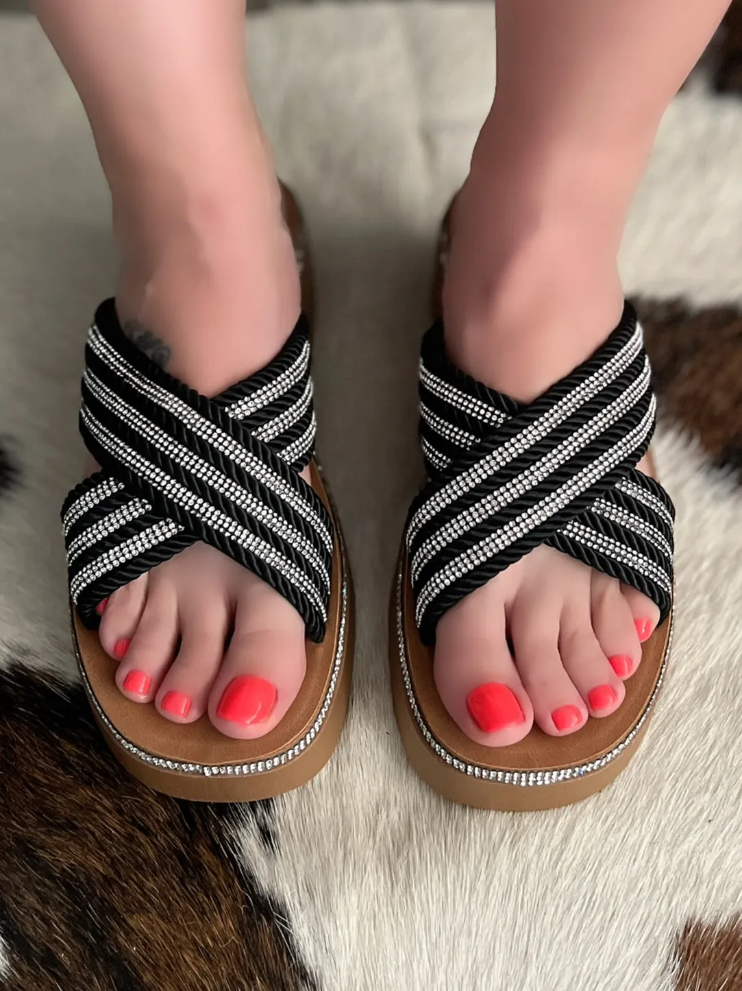 Black Rhinestone Crisscross Platform Sandal
