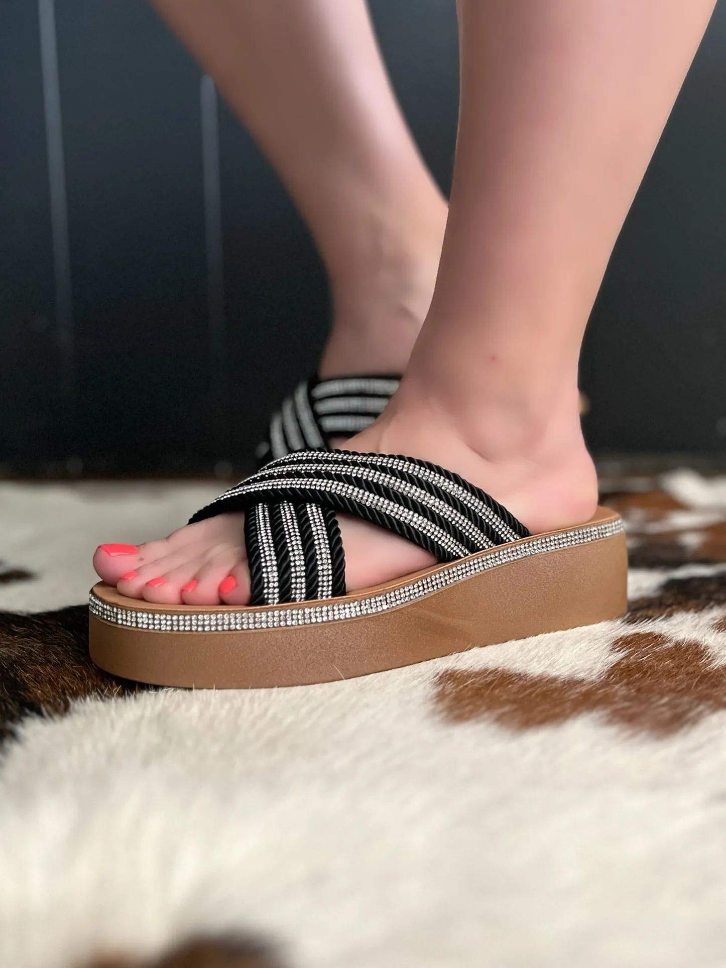 Black Rhinestone Crisscross Platform Sandal