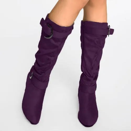 Chunky heel slouch boots mid calf chunky boots with buckles fashion boots for women