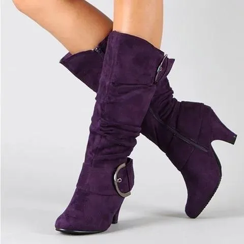 Chunky heel slouch boots mid calf chunky boots with buckles fashion boots for women