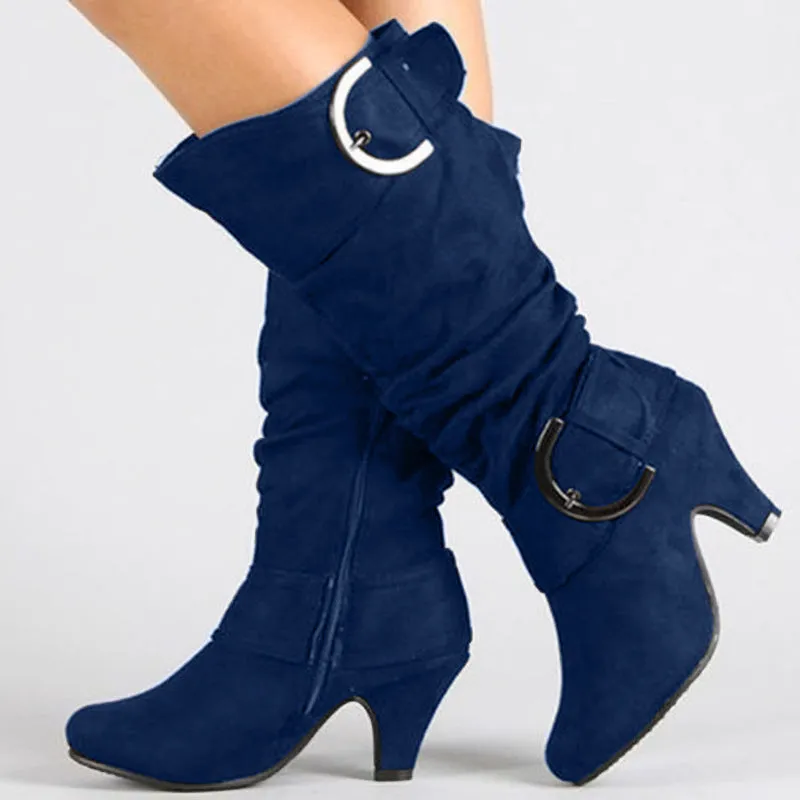 Chunky heel slouch boots mid calf chunky boots with buckles fashion boots for women
