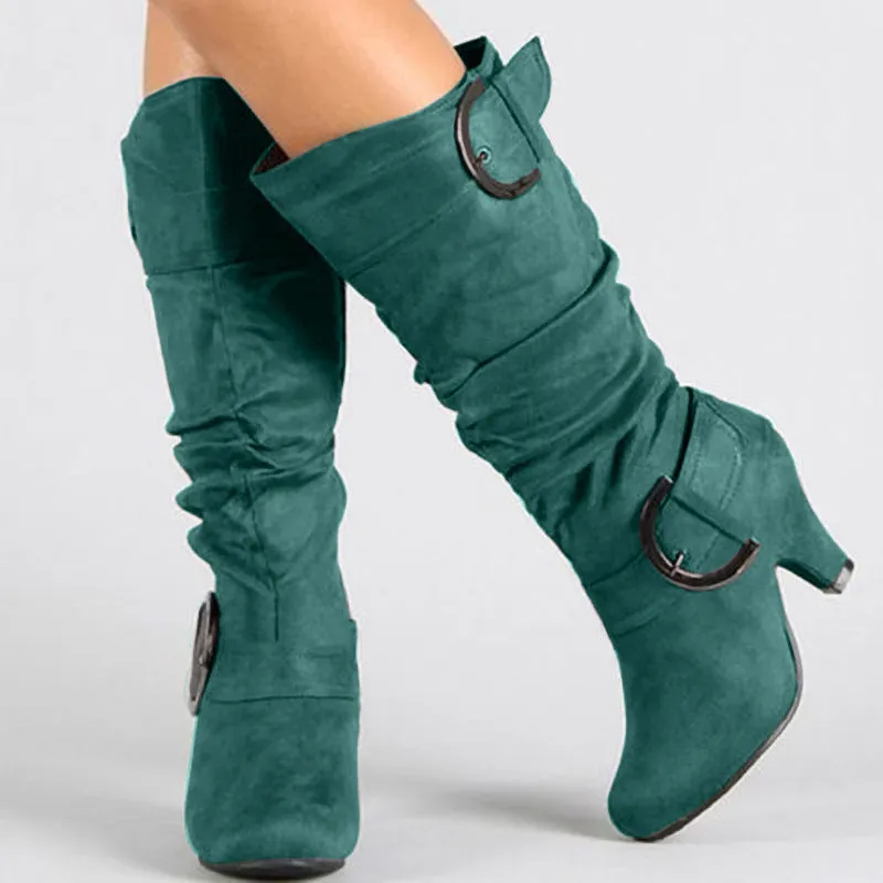 Chunky heel slouch boots mid calf chunky boots with buckles fashion boots for women