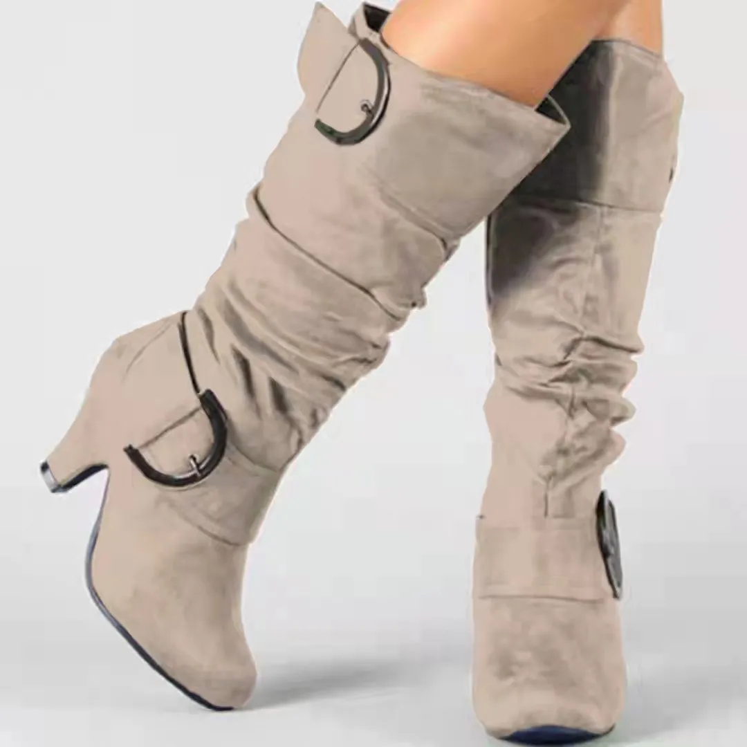 Chunky heel slouch boots mid calf chunky boots with buckles fashion boots for women
