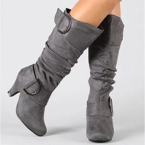 Chunky heel slouch boots mid calf chunky boots with buckles fashion boots for women
