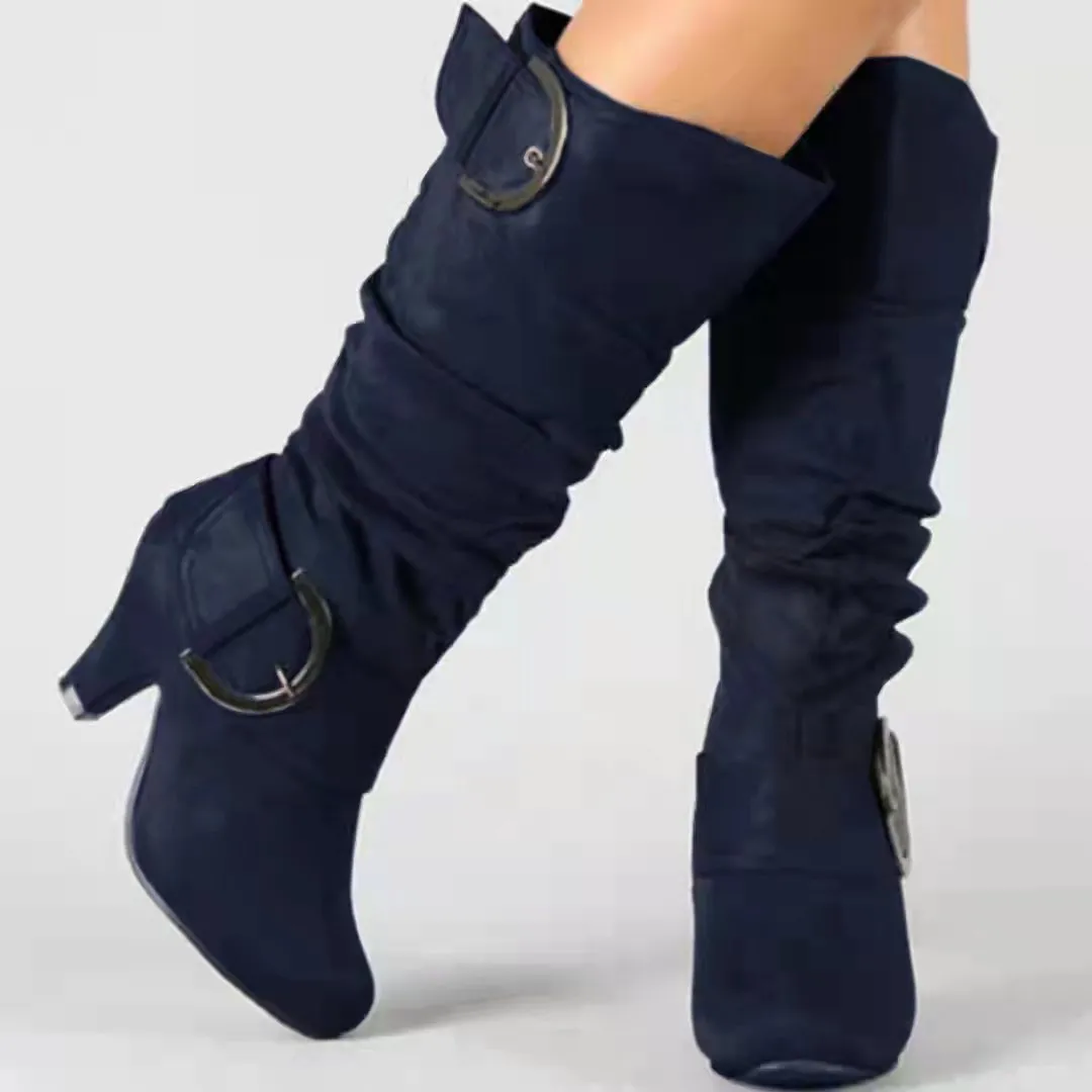 Chunky heel slouch boots mid calf chunky boots with buckles fashion boots for women