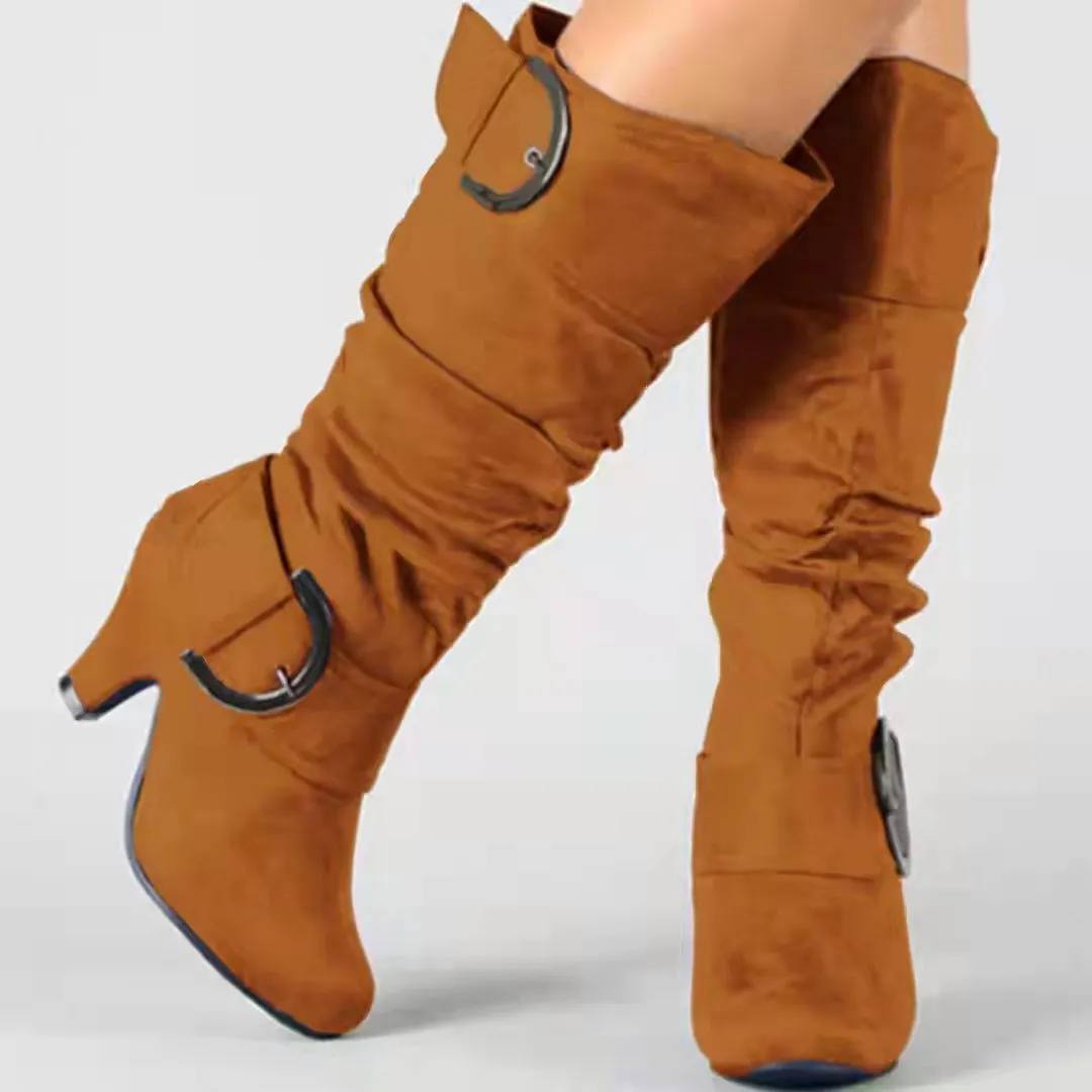 Chunky heel slouch boots mid calf chunky boots with buckles fashion boots for women