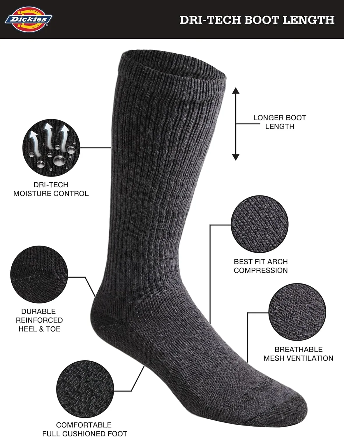 Dickies Men's Dri-Tech Moisture Control Boot-Length Socks, 6 & 12 Pairs, Sizes L-XL