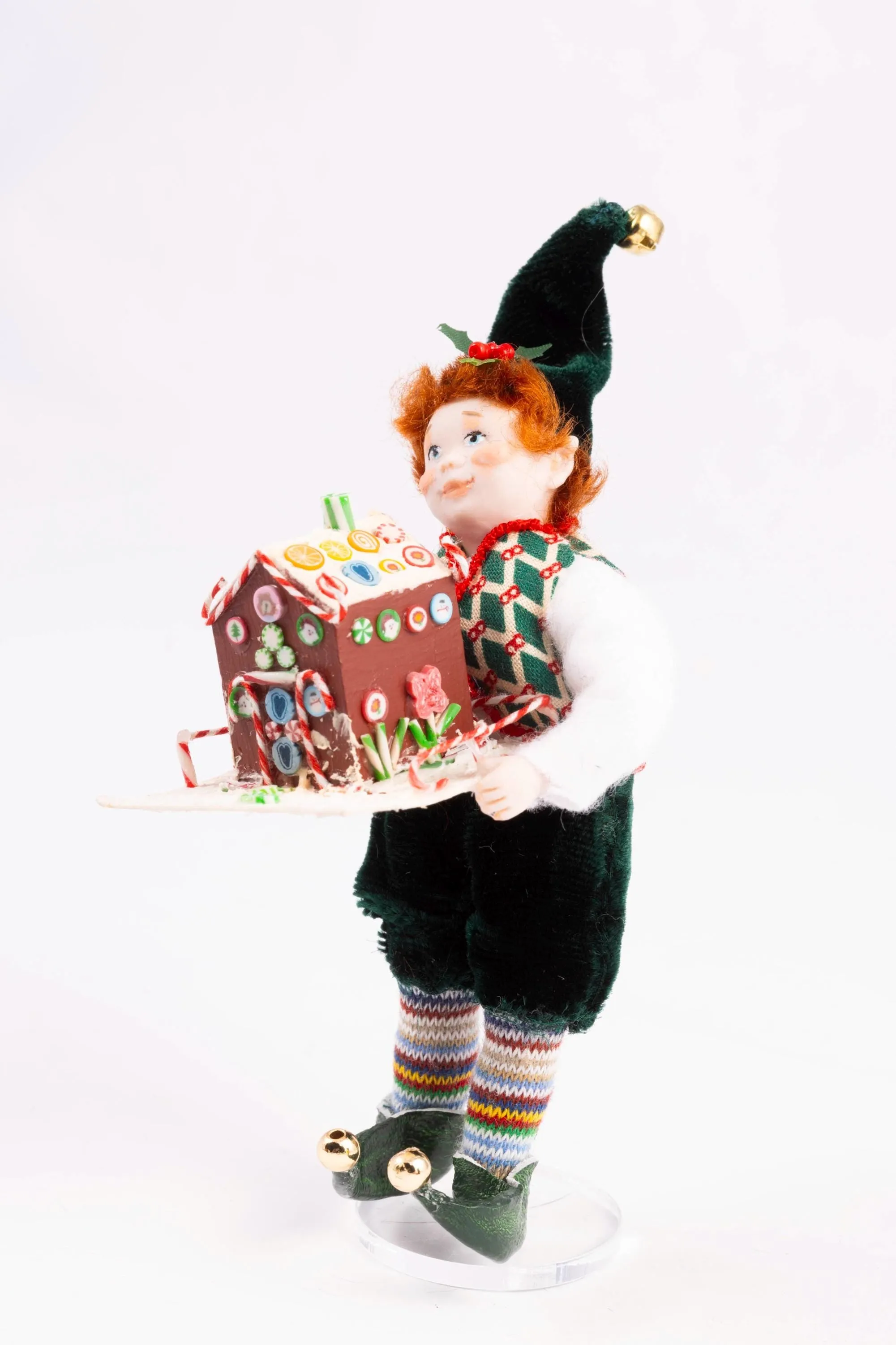 Dollhouse Miniature ~ Christmas Elf Doll Holding Gingerbread House - Fern Vasi