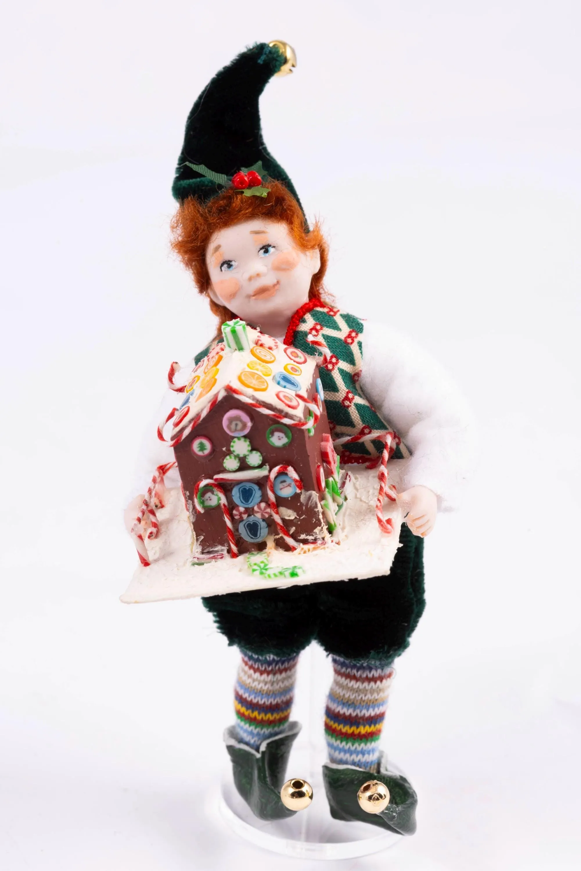Dollhouse Miniature ~ Christmas Elf Doll Holding Gingerbread House - Fern Vasi