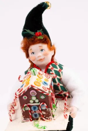 Dollhouse Miniature ~ Christmas Elf Doll Holding Gingerbread House - Fern Vasi