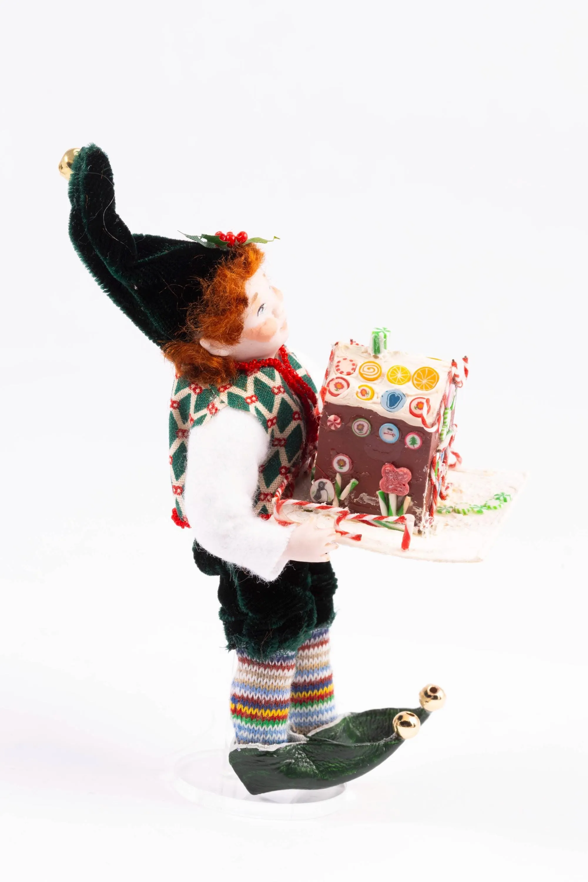 Dollhouse Miniature ~ Christmas Elf Doll Holding Gingerbread House - Fern Vasi