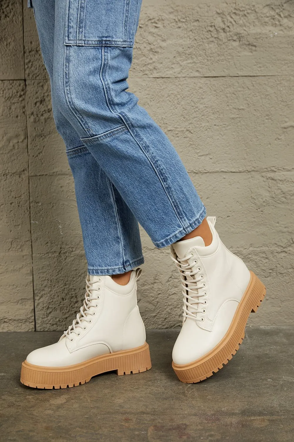 East Lion Corp Platform High Top Ivory White Chunky Sole Thick Lace Up Combat Boots