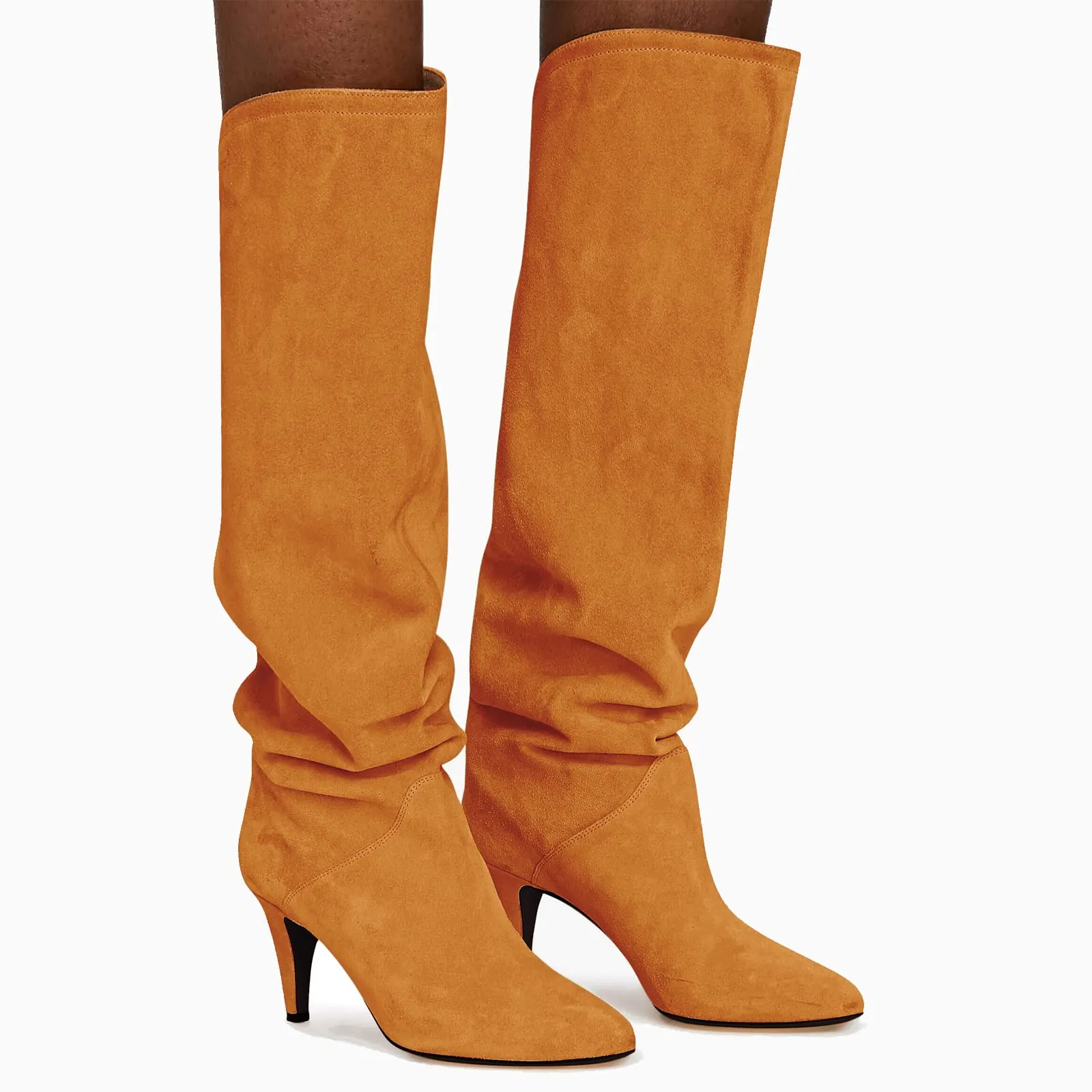 Gold Brown Slouchy Kitten Heel Wide Calf Boots