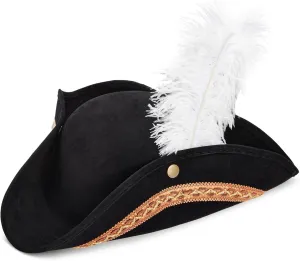 Juvale Adult Tricorn Pirate Hat with Feather for Halloween Outfit - Black Pirate Hat for Colonial Revolutionary History Theme Birthday & Halloween Party Costume 15 x13 x 3.5 In