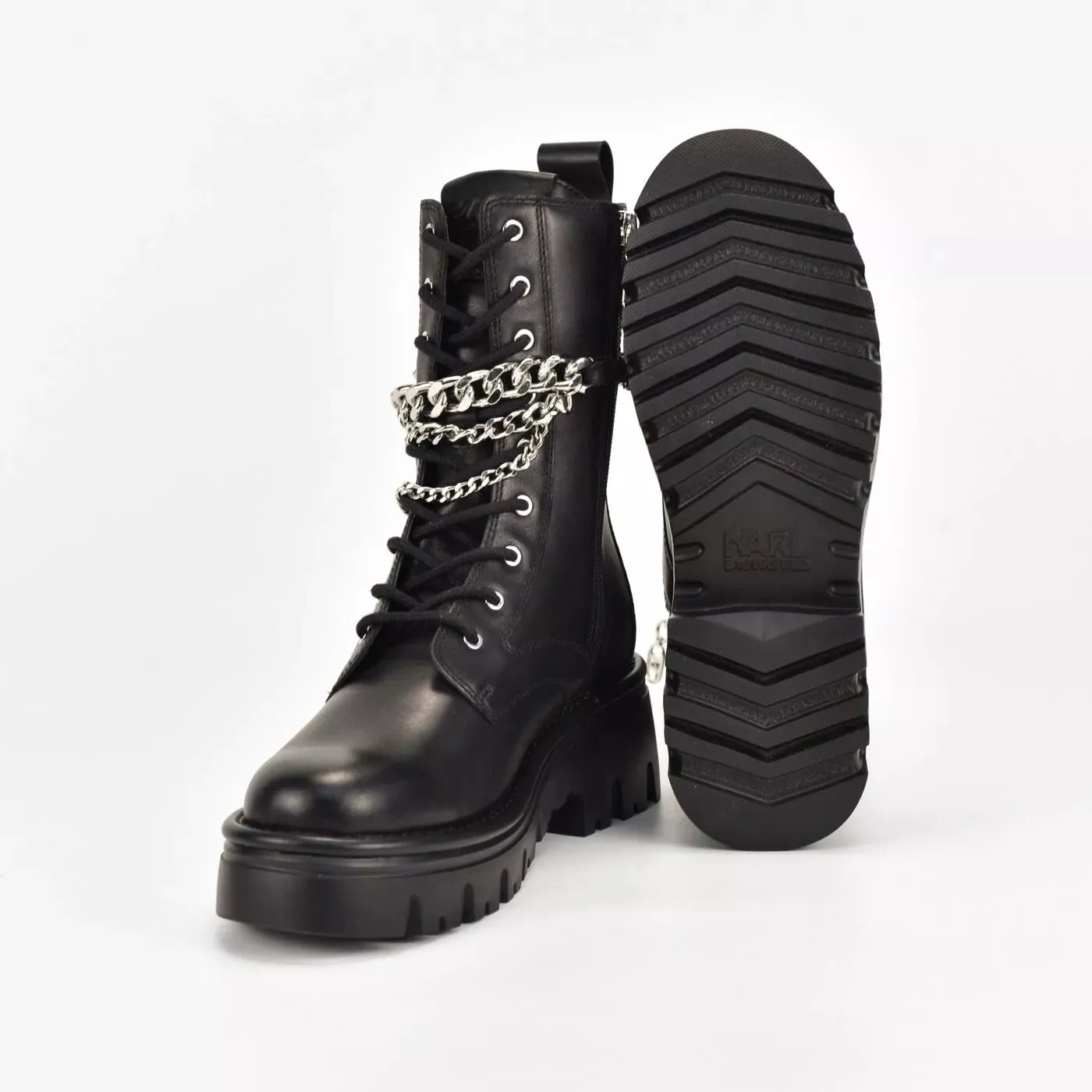 KARL LAGERFELD KOMBAT KC HI LACE CHAIN BOOTS IN BLACK