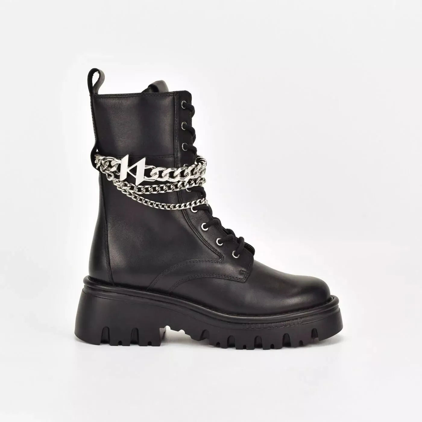 KARL LAGERFELD KOMBAT KC HI LACE CHAIN BOOTS IN BLACK