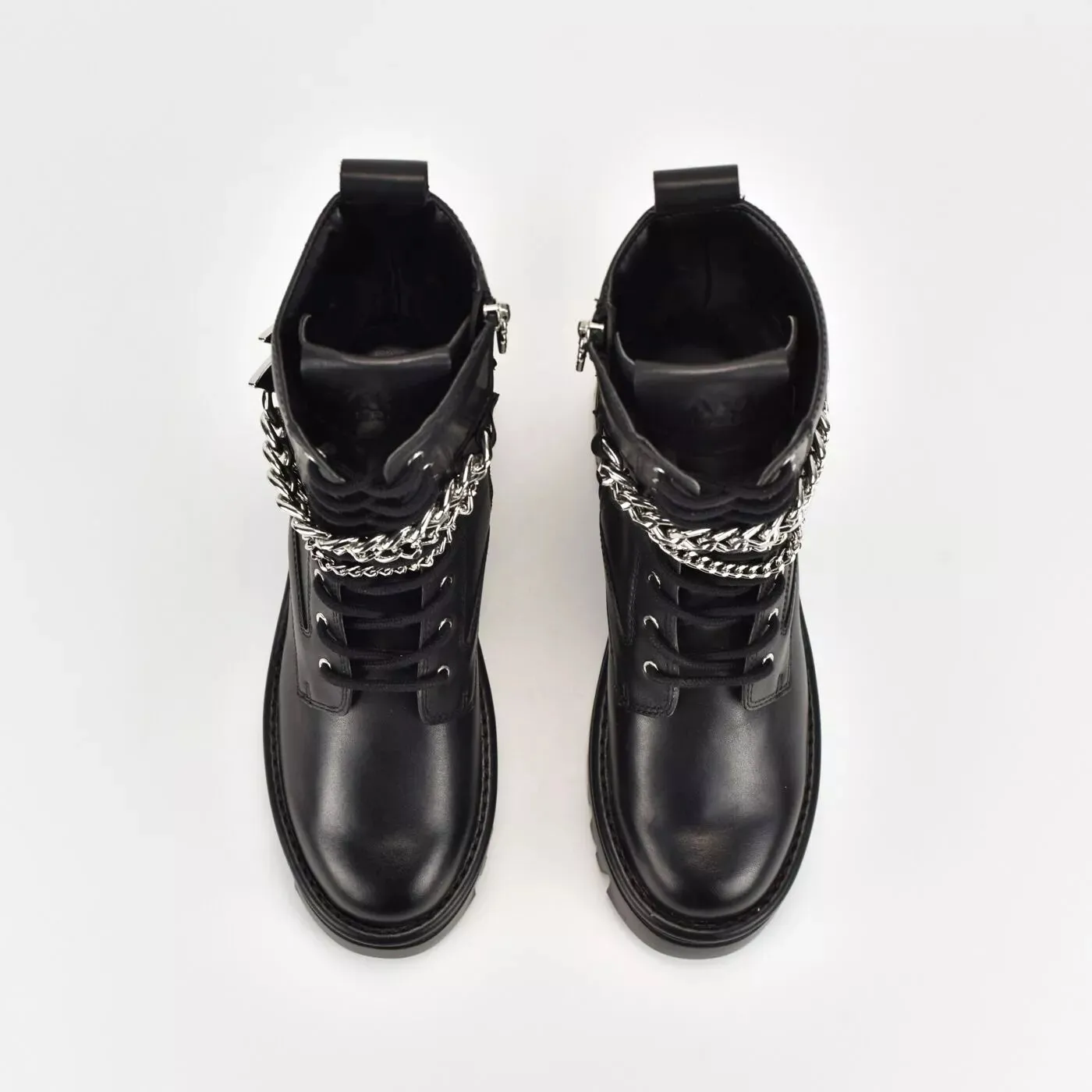 KARL LAGERFELD KOMBAT KC HI LACE CHAIN BOOTS IN BLACK