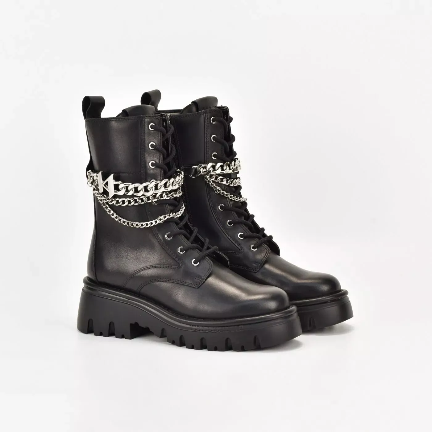 KARL LAGERFELD KOMBAT KC HI LACE CHAIN BOOTS IN BLACK