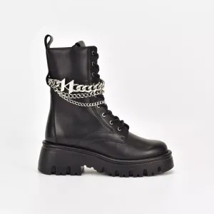 KARL LAGERFELD KOMBAT KC HI LACE CHAIN BOOTS IN BLACK