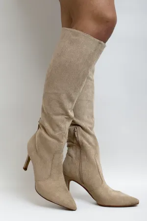 Knee Length Pointed Toe 3.5 Inch Kitten Heel Textile Boots