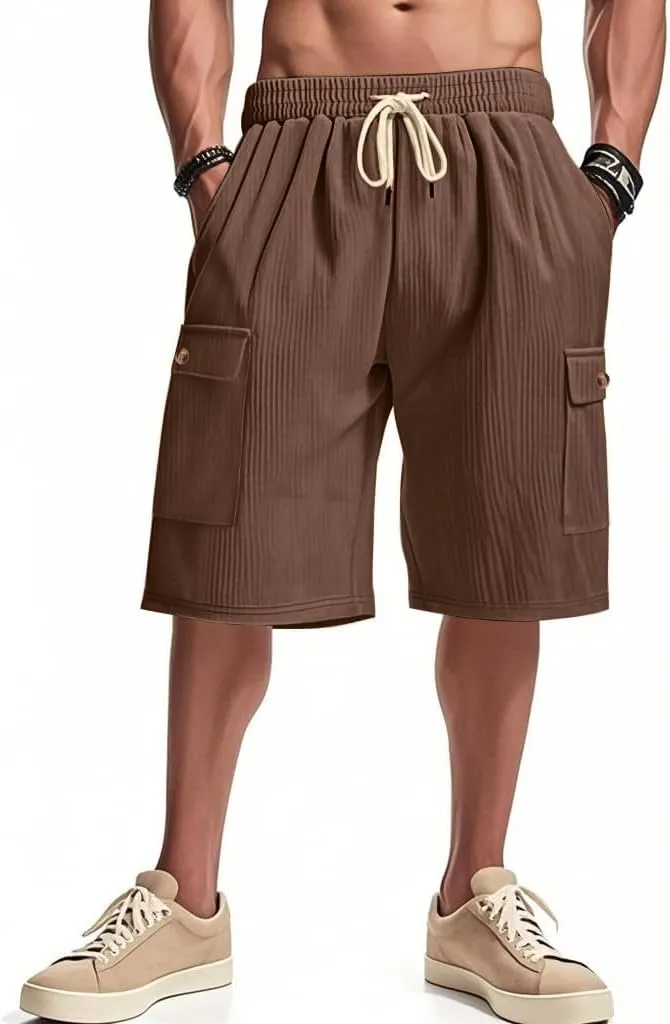 Mens Cargo Shorts Casual Drawstring Elastic Waist Corduroy Summer Beach Shorts with Pockets