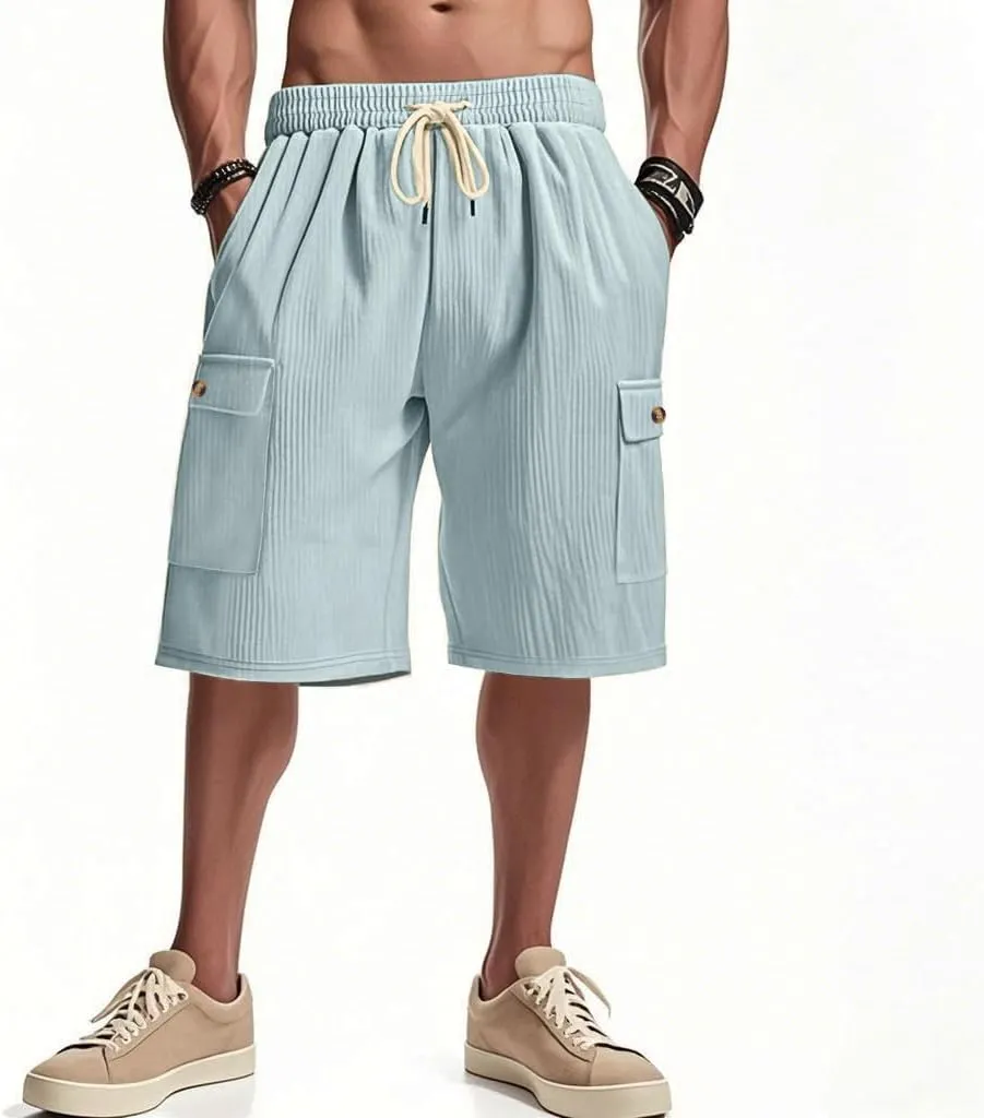 Mens Cargo Shorts Casual Drawstring Elastic Waist Corduroy Summer Beach Shorts with Pockets