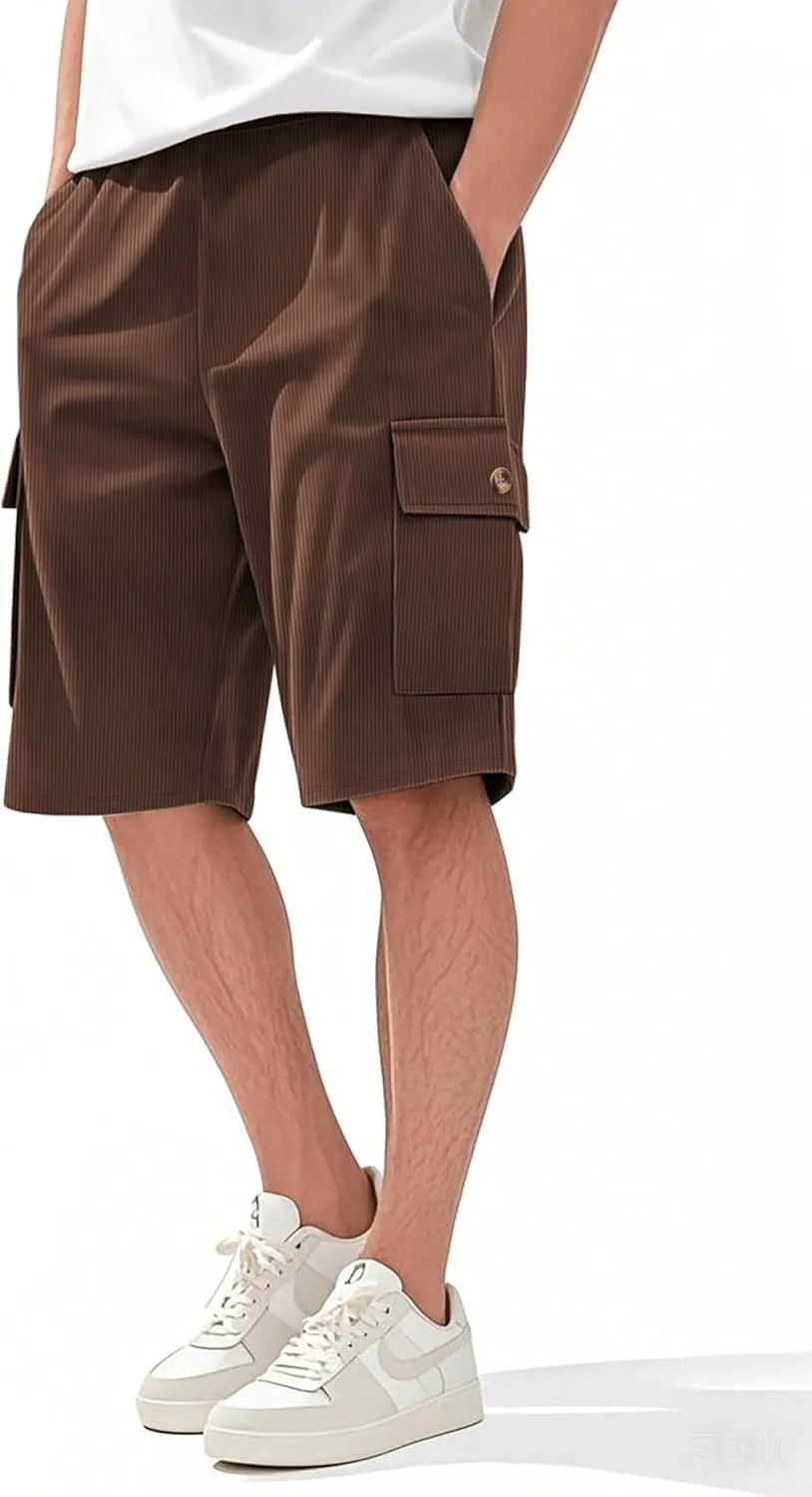 Mens Cargo Shorts Casual Drawstring Elastic Waist Corduroy Summer Beach Shorts with Pockets