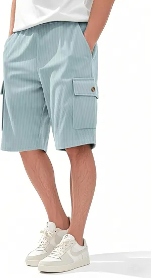 Mens Cargo Shorts Casual Drawstring Elastic Waist Corduroy Summer Beach Shorts with Pockets