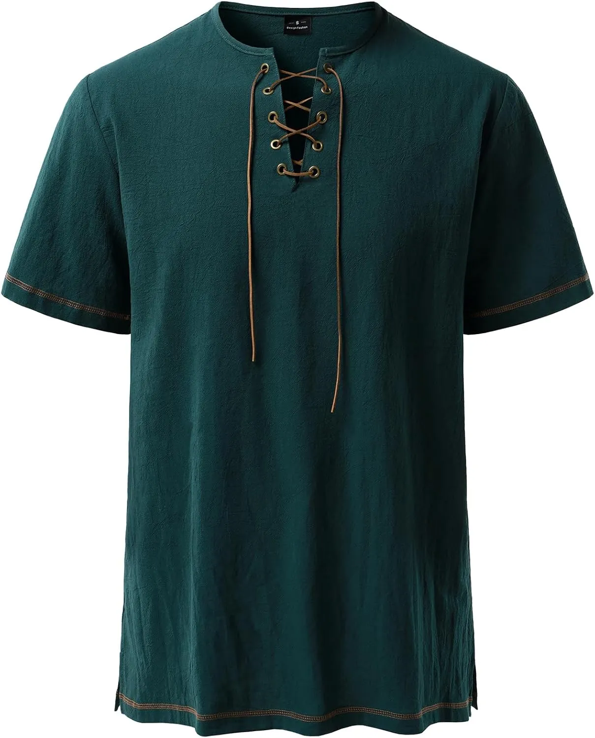 Men's Pure Cotton Retro Short Sleeves Lace Up Shirts for Casual Renaissance Pirate Medieval Viking Without Belt
