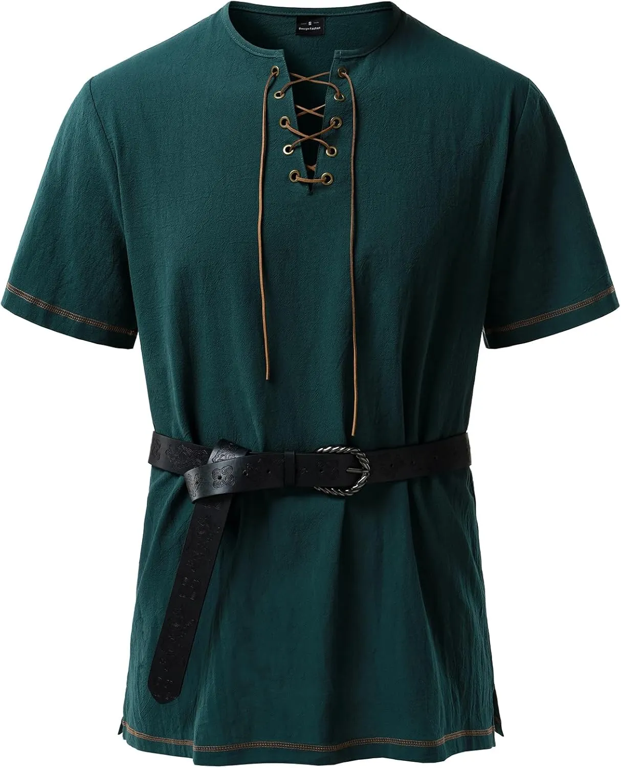 Men's Pure Cotton Retro Short Sleeves Lace Up Shirts for Casual Renaissance Pirate Medieval Viking Without Belt