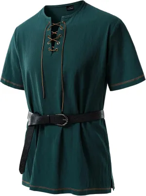Men's Pure Cotton Retro Short Sleeves Lace Up Shirts for Casual Renaissance Pirate Medieval Viking Without Belt
