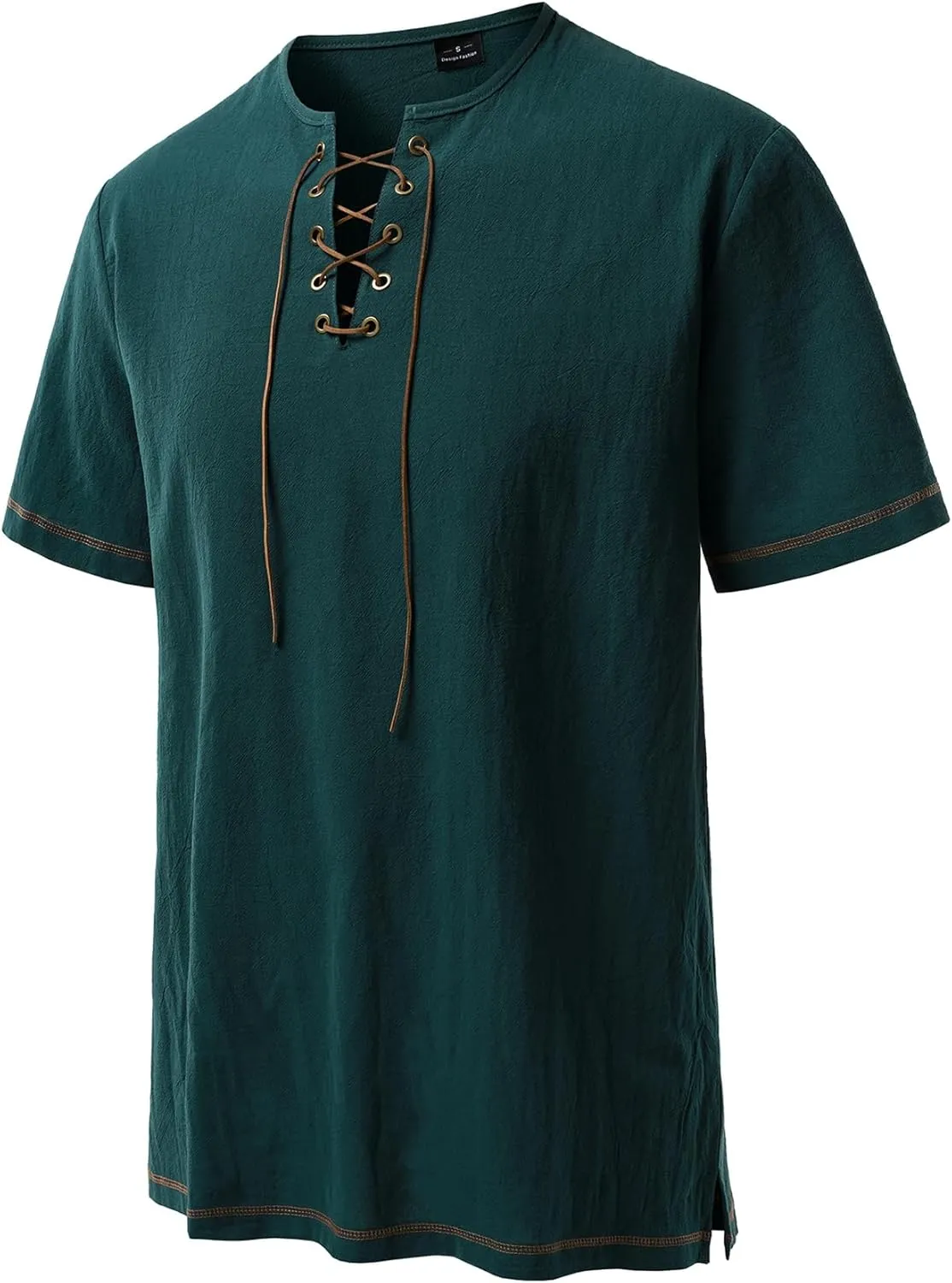 Men's Pure Cotton Retro Short Sleeves Lace Up Shirts for Casual Renaissance Pirate Medieval Viking Without Belt