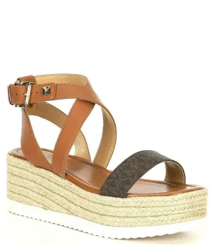 Michael Kors Women's Lowry Logo Print Espadrille Wedges Brown Acorn 10M