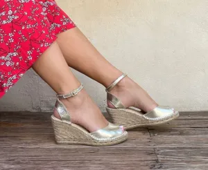 Peep Toe Espadrille Wedges - Champagne