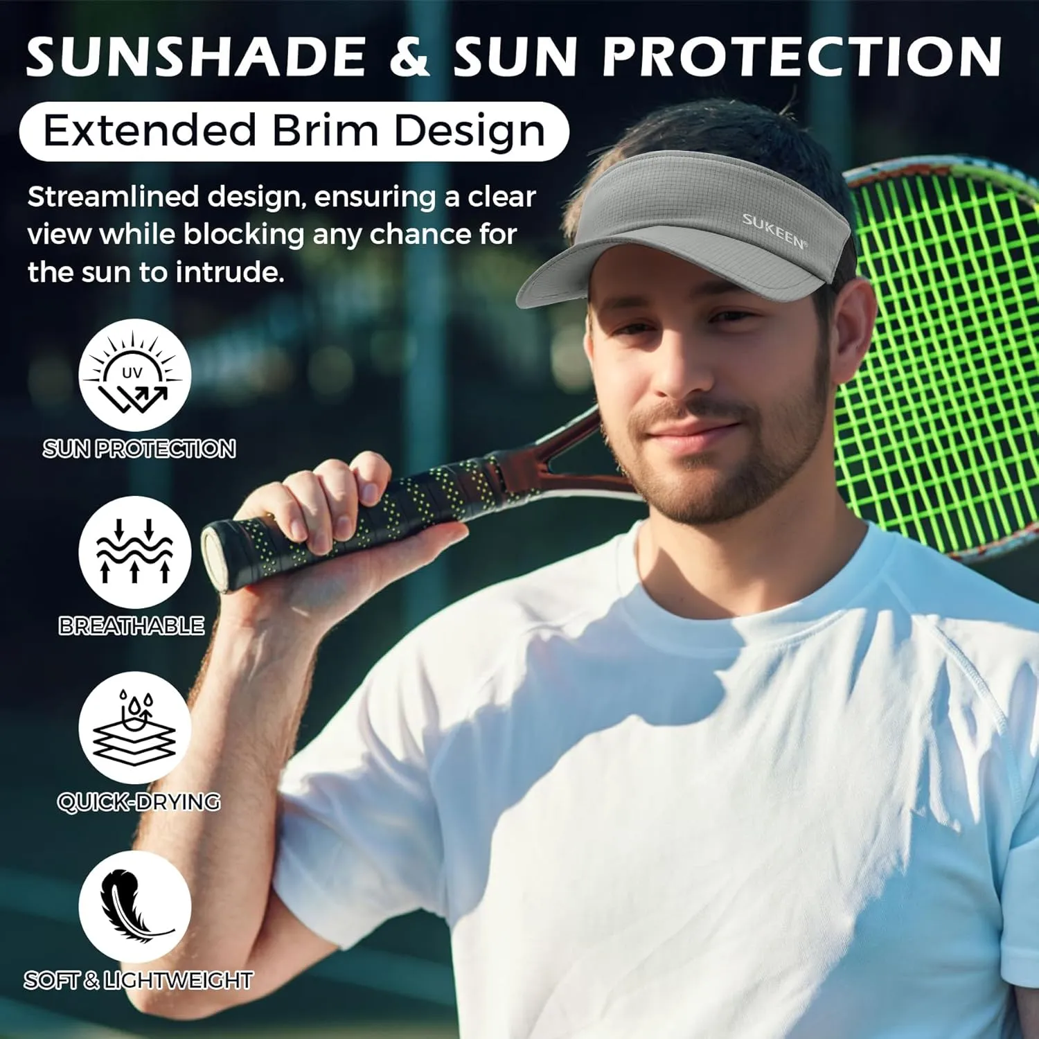 Sukeen Sun Visor Hat for Men Large Head Lightweight Cooling Stretchy Visor Hat for Running, Tennis, Golf, Daily Wear