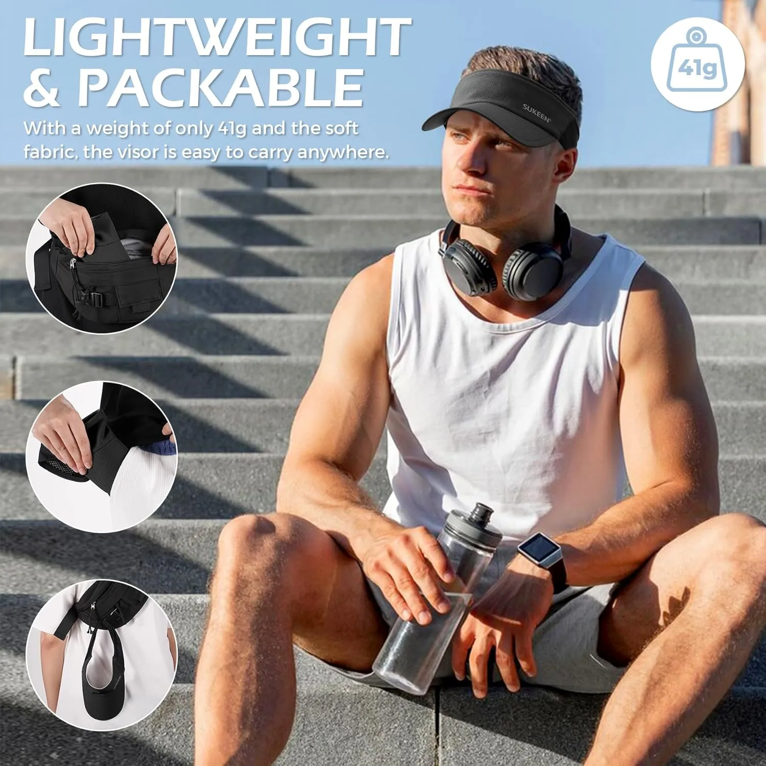 Sukeen Sun Visor Hat for Men Large Head Lightweight Cooling Stretchy Visor Hat for Running, Tennis, Golf, Daily Wear