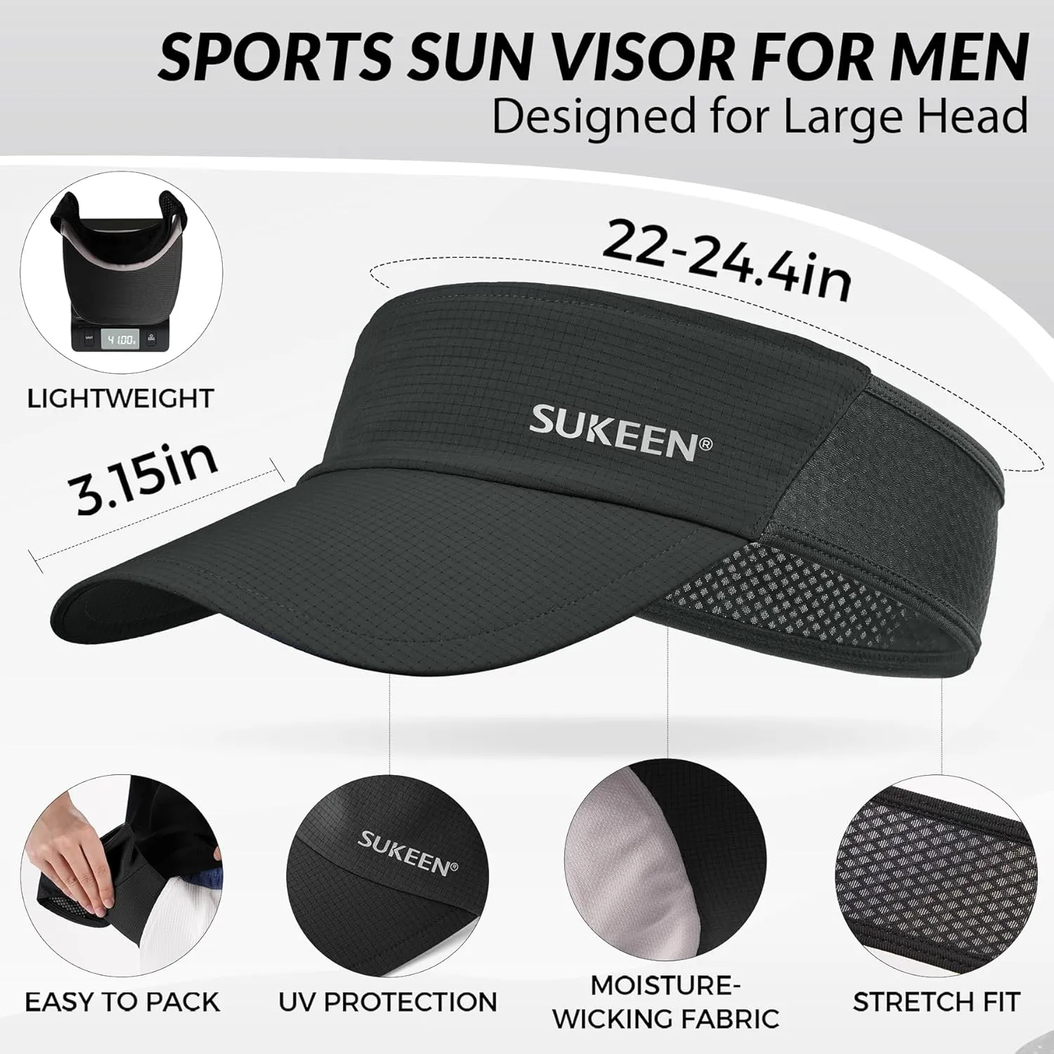 Sukeen Sun Visor Hat for Men Large Head Lightweight Cooling Stretchy Visor Hat for Running, Tennis, Golf, Daily Wear