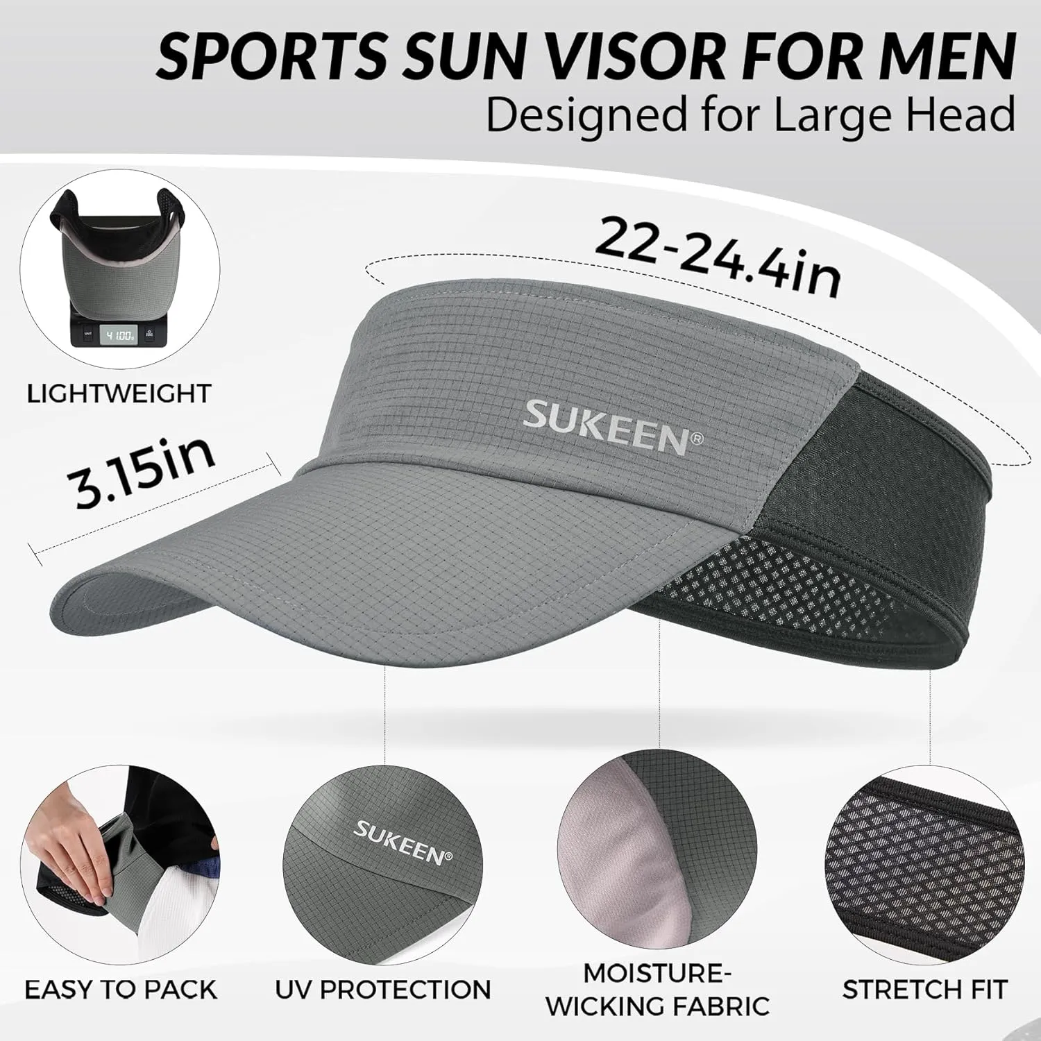 Sukeen Sun Visor Hat for Men Large Head Lightweight Cooling Stretchy Visor Hat for Running, Tennis, Golf, Daily Wear