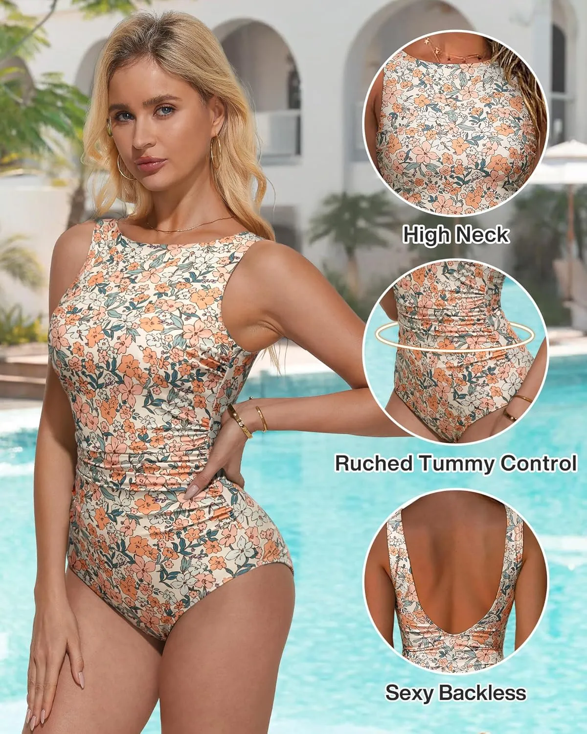 SUUKSESS Women One Piece Ruched Swimsuit Tummy Control Backless Bathing Suit