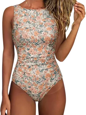 SUUKSESS Women One Piece Ruched Swimsuit Tummy Control Backless Bathing Suit