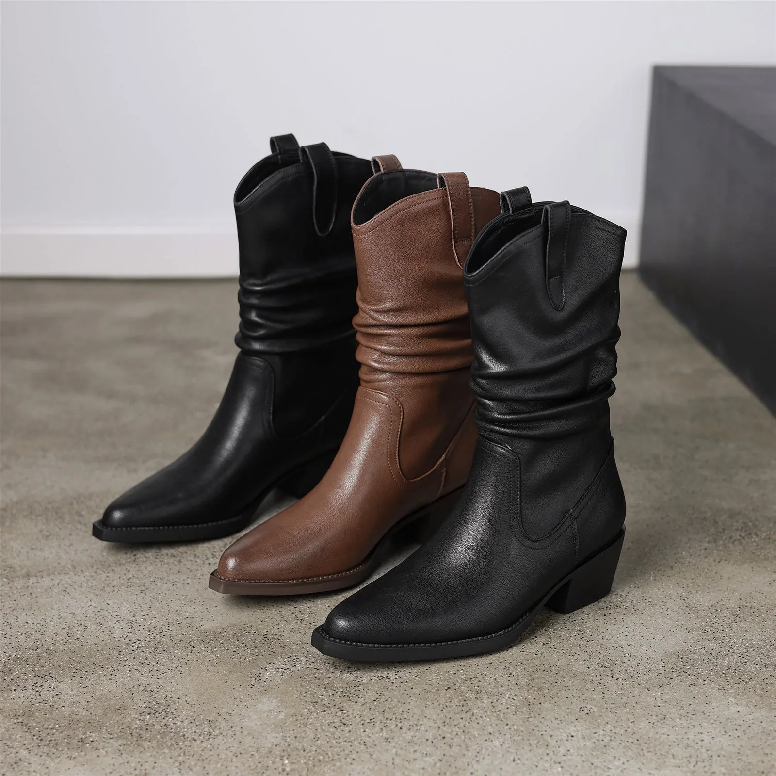 TinaCus Women's Genuine Leather Ruffle Block Heel Handmade Pointed Toe Western Mid-Calf Boots