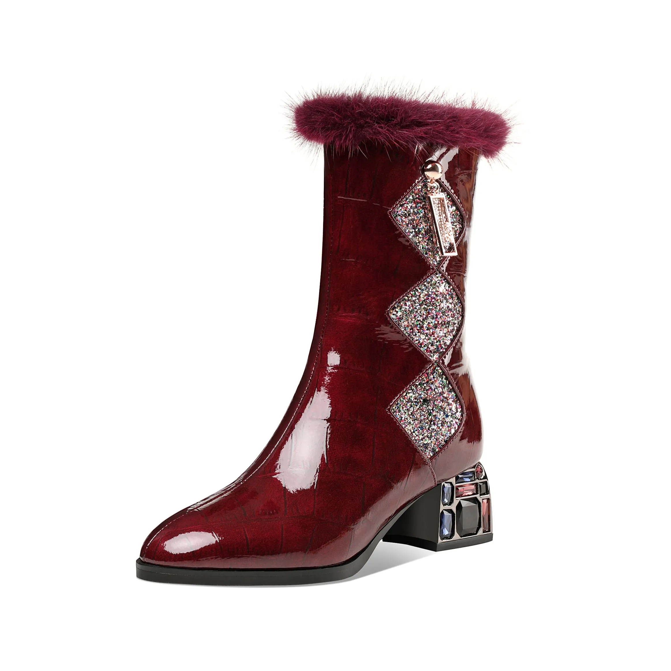 TinaCus Women's Patent Leather Round Toe Handmade Chunky Heel with Jewelry Stylish Zip Up Mid-Calf Boots