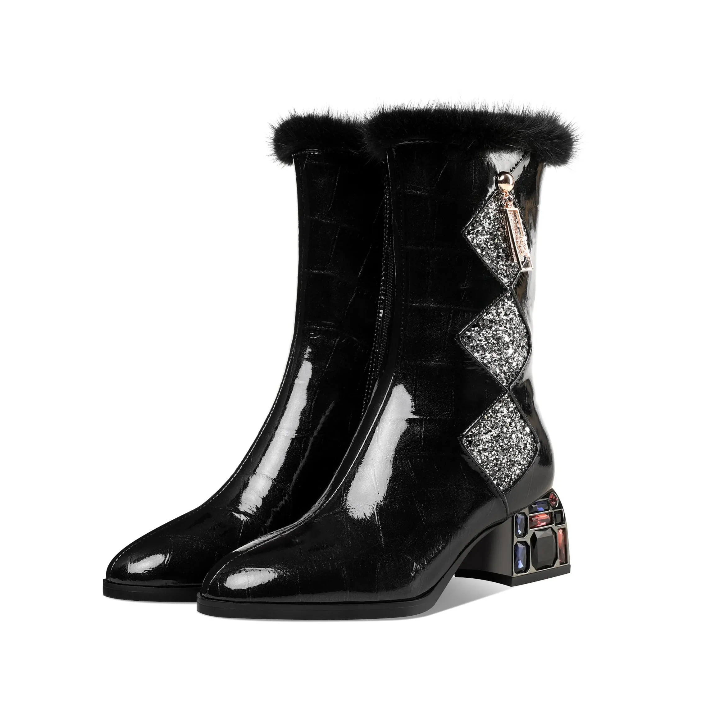 TinaCus Women's Patent Leather Round Toe Handmade Chunky Heel with Jewelry Stylish Zip Up Mid-Calf Boots