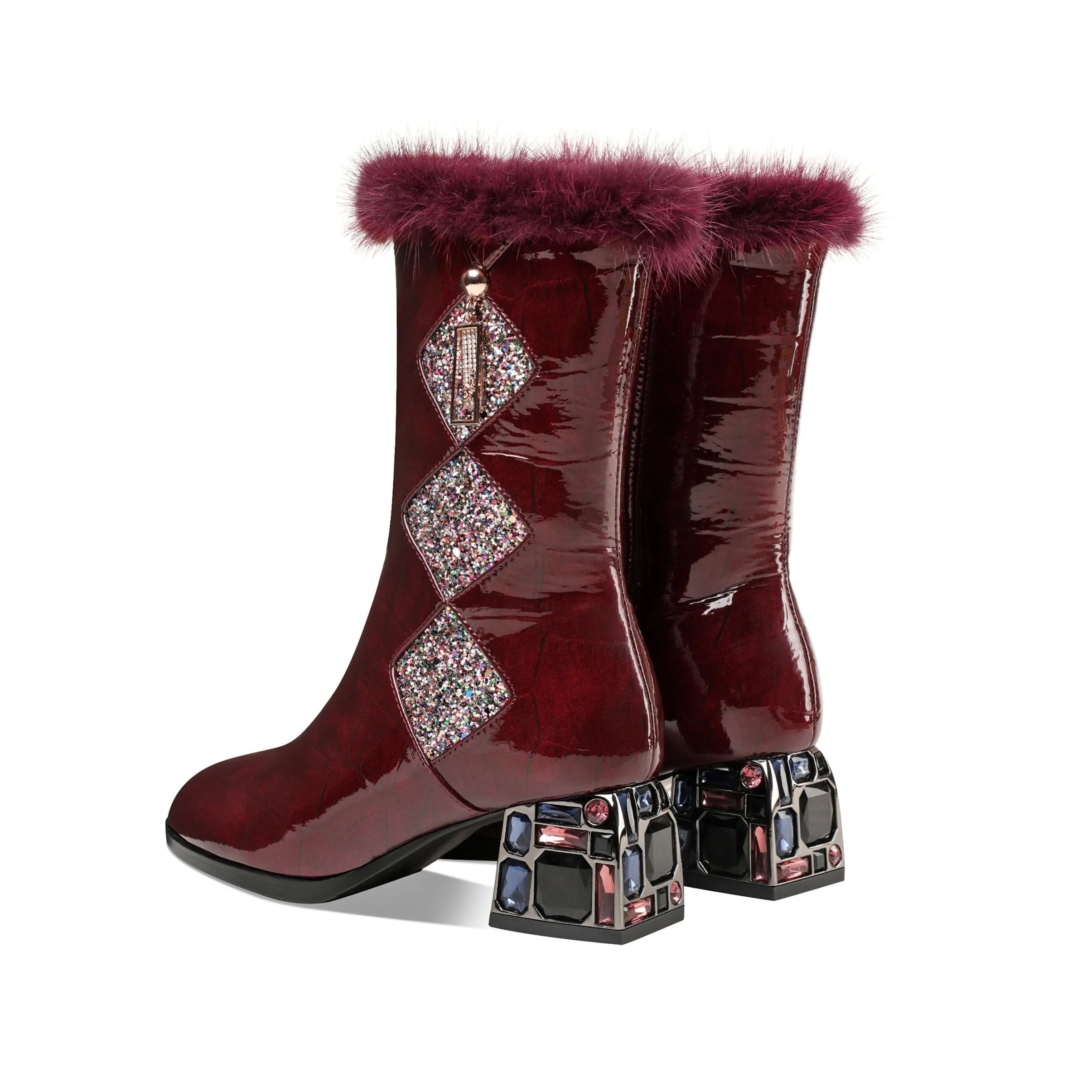 TinaCus Women's Patent Leather Round Toe Handmade Chunky Heel with Jewelry Stylish Zip Up Mid-Calf Boots