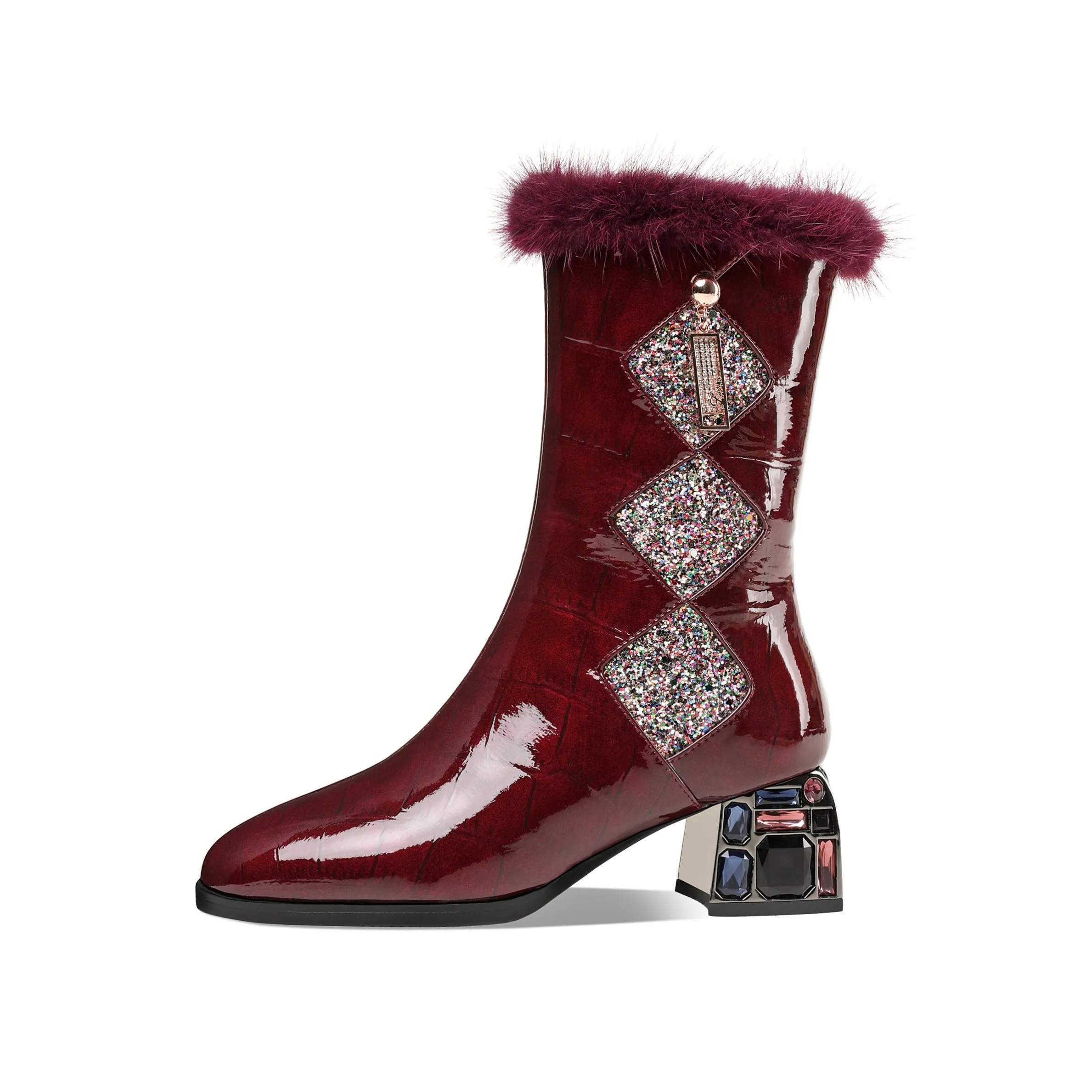 TinaCus Women's Patent Leather Round Toe Handmade Chunky Heel with Jewelry Stylish Zip Up Mid-Calf Boots