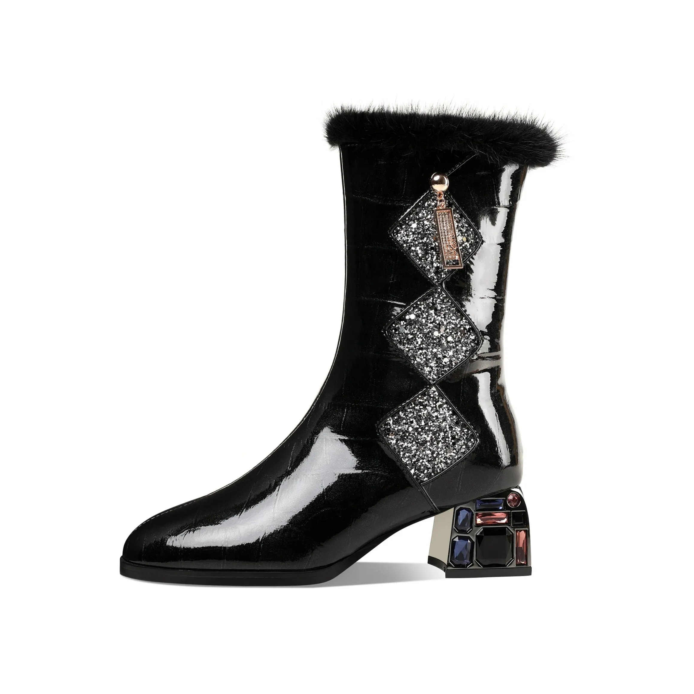 TinaCus Women's Patent Leather Round Toe Handmade Chunky Heel with Jewelry Stylish Zip Up Mid-Calf Boots