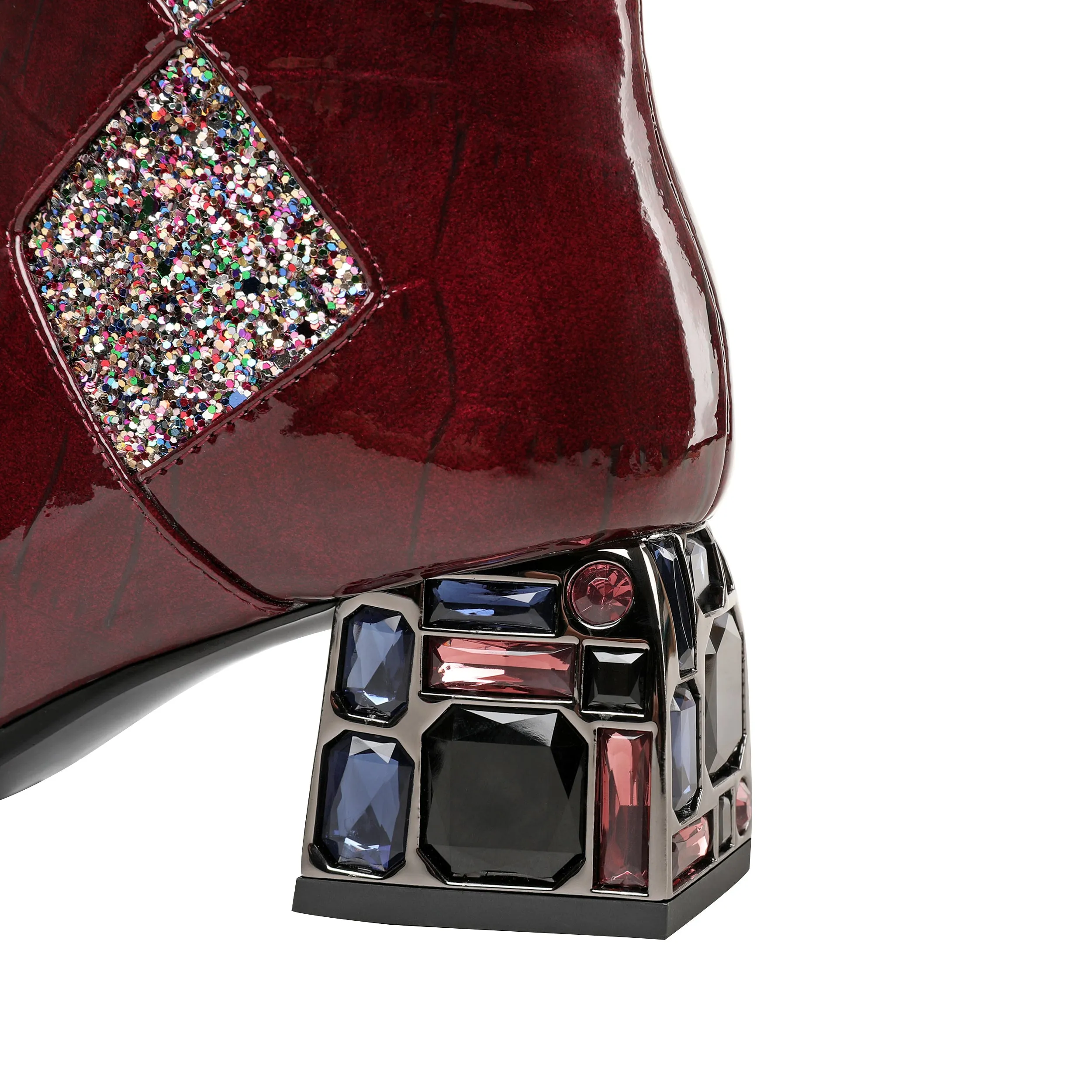 TinaCus Women's Patent Leather Round Toe Handmade Chunky Heel with Jewelry Stylish Zip Up Mid-Calf Boots